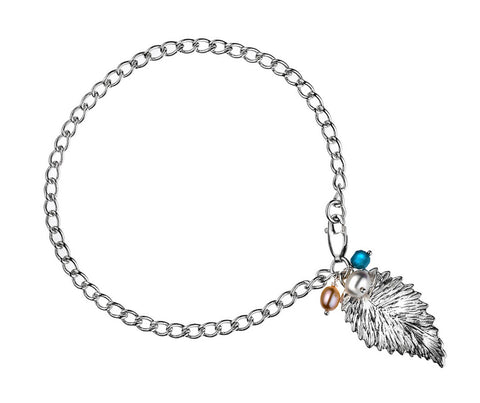 SILVER OPEN CURB BRACELET WITH SWAROVSKI PEARLS AND FEATHER