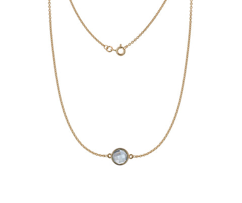 9CT GOLD ROUND CHECKERBOARD CUT BLUE TOPAZ STATION NECKLACE