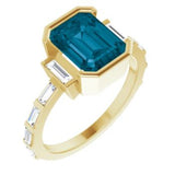 14CT GOLD EMERALD-CUT LONDON BLUE TOPAZ & BAGUETTE DIAMOND ENGAGEMENT RING