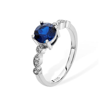 RHODIUM PLATED SILVER SYNTHETIC SAPPHIRE & CUBIC ZIRCONIA RING