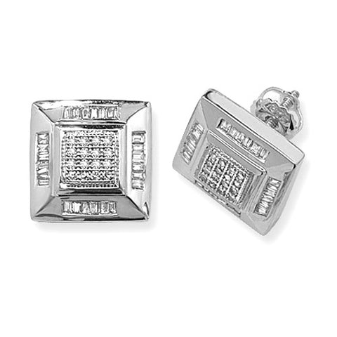 9CT WHITE GOLD SQUARE STUDS WITH ROUND & BAGUETTE DIAMONDS