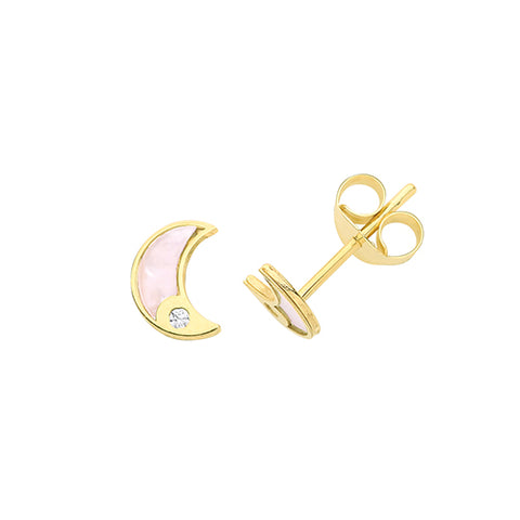 9CT GOLD CUBIC ZIRCONIA & MOTHER OF PEARL MOON STUD EARRINGS