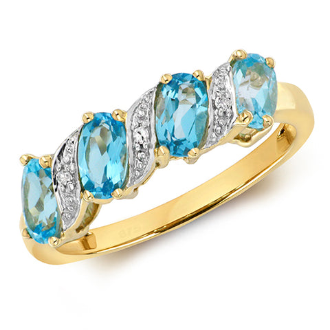 9CT GOLD BLUE TOPAZ & DIAMOND RING