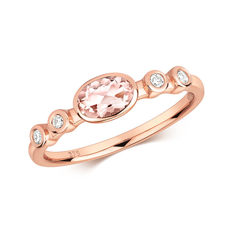 9CT ROSE GOLD OVAL EAST-WEST SET MORGANITE & DIAMOND RING