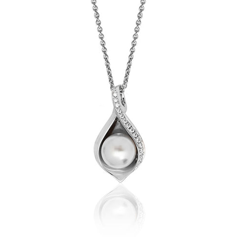 RHODIUM PLATED SILVER SHELL DESIGN PEARL & CUBIC ZIRCONIA NECKLACE