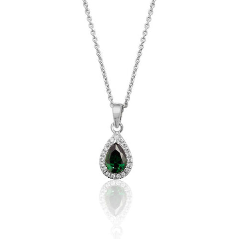 RHODIUM PLATED SILVER PEAR CUT GREEN CUBIC ZIRCONIA HALO NECKLACE