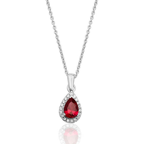 RHODIUM PLATED SILVER PEAR CUT RED CUBIC ZIRCONIA HALO NECKLACE
