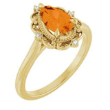 14CT GOLD ORNATE PEAR-CUT SPESSARTITE GARNET & DIAMOND RING