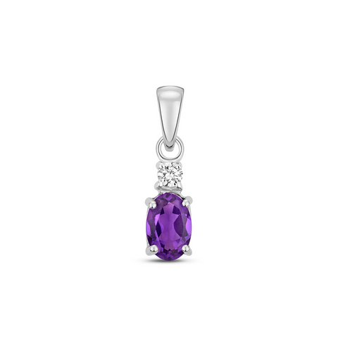9CT WHITE GOLD OVAL AMETHYST & DIAMOND PENDANT