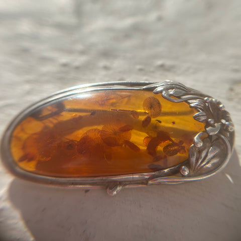 LARGE VINTAGE SILVER AMBER FLORAL BROOCH