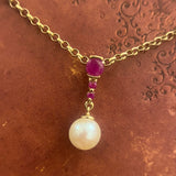 9CT GOLD RUBY & CULTURED PEARL DROP PENDANT