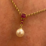 9CT GOLD RUBY & CULTURED PEARL DROP PENDANT