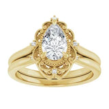 14CT GOLD ORNATE PEAR-CUT SPESSARTITE GARNET & DIAMOND RING