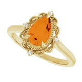 14CT GOLD ORNATE PEAR-CUT SPESSARTITE GARNET & DIAMOND RING