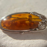 LARGE VINTAGE SILVER AMBER FLORAL BROOCH