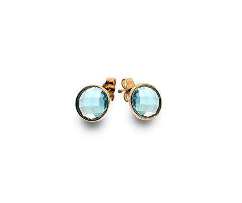 9CT GOLD ROUND CHECKERBOARD CUT BLUE TOPAZ STUD EARRINGS
