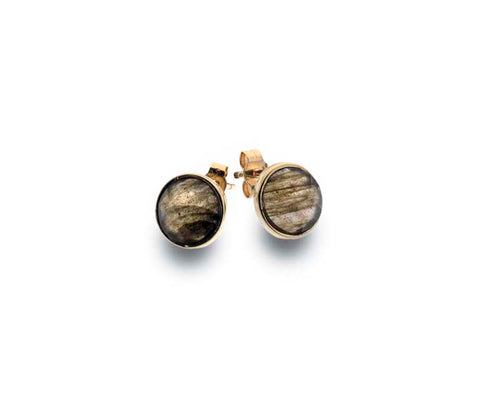 9CT GOLD ROUND CHECKERBOARD CUT LABRADORITE STUD EARRINGS