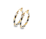 9CT YELLOW & WHITE GOLD DIAMOND CUT TWIST HOOP EARRINGS