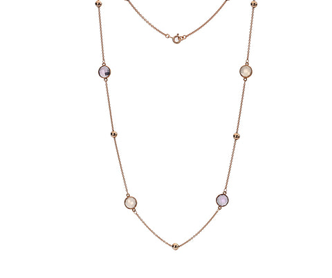 9CT ROSE GOLD ROUND CHECKERBOARD CUT AMETHYST, MOONSTONE &  ROSE QUARTZ STATION  NECKLACE