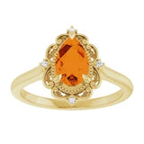 14CT GOLD ORNATE PEAR-CUT SPESSARTITE GARNET & DIAMOND RING