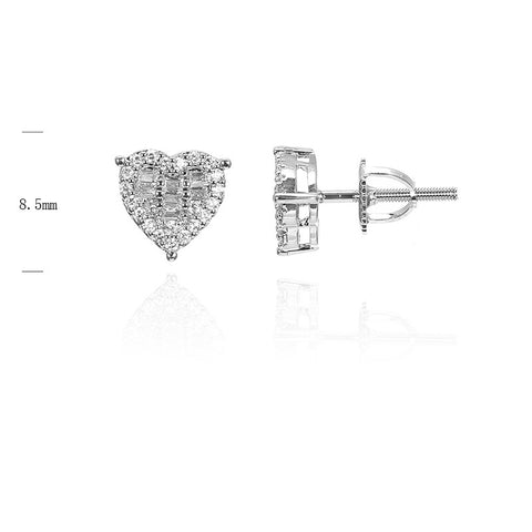 SILVER BAGUETTE AND ROUND CUBIC ZIRCONIA HEART STUD EARRINGS