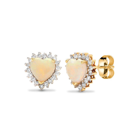 18CT GOLD HEART SHAPED OPAL & DIAMOND STUD EARRINGS