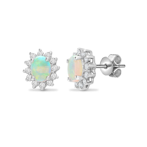 18CT WHITE GOLD OVAL OPAL & DIAMOND STUD EARRINGS