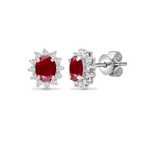 18CT WHITE GOLD OVAL RUBY & DIAMOND STUD EARRINGS