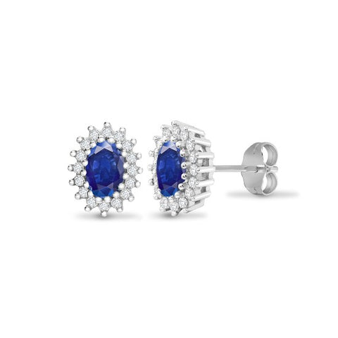 9CT WHITE GOLD OVAL SAPPHIRE & DIAMOND CLUSTER STUDS