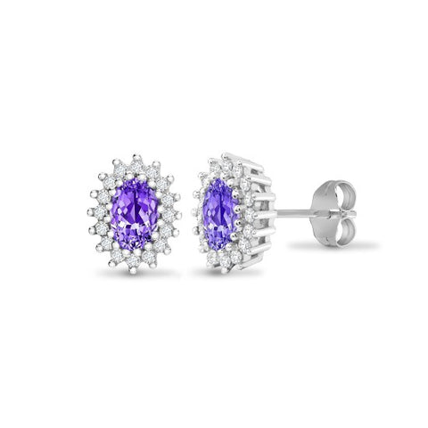 9CT WHITE GOLD OVAL AMETHYST & DIAMOND CLUSTER STUDS