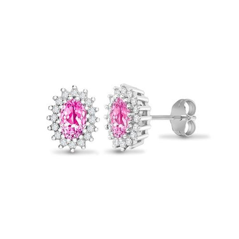 9CT WHITE GOLD OVAL PINK SAPPHIRE & DIAMOND CLUSTER STUDS