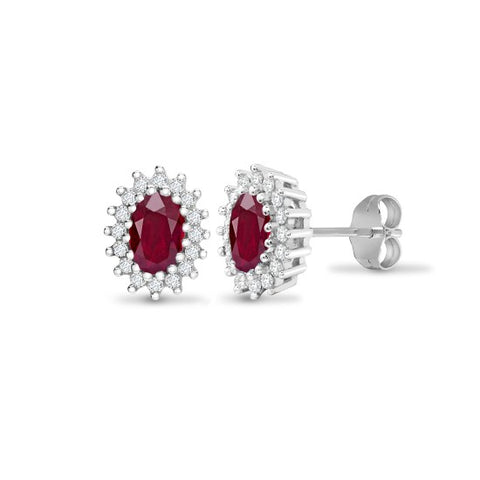 9CT WHITE GOLD OVAL RUBY & DIAMOND CLUSTER STUDS