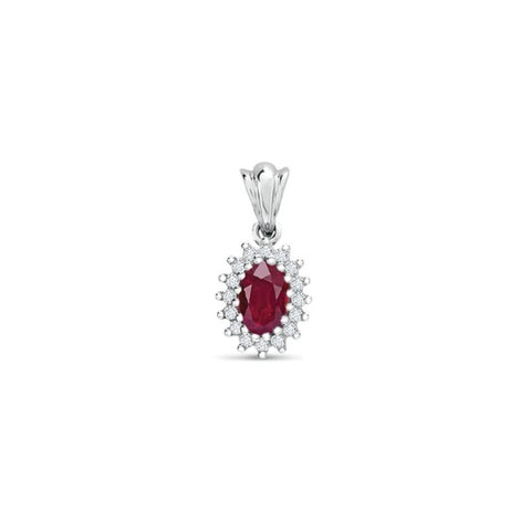 9CT WHITE GOLD OVAL RUBY & DIAMOND CLUSTER PENDANT