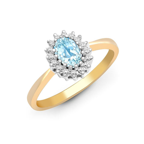 9CT GOLD OVAL BLUE TOPAZ & DIAMOND CLUSTER RING