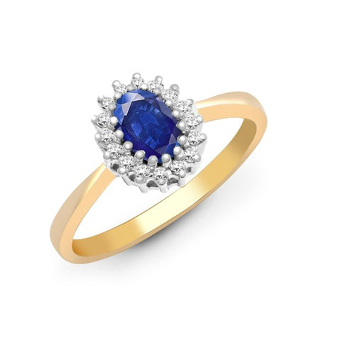 9CT GOLD OVAL SAPPHIRE & DIAMOND CLUSTER RING