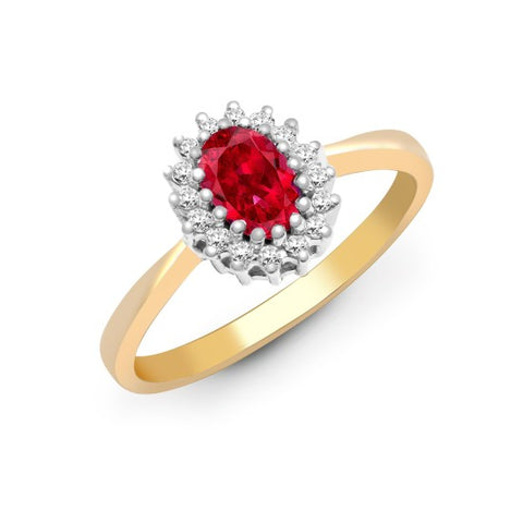 9CT GOLD OVAL RUBY & DIAMOND CLUSTER RING