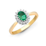 9CT GOLD OVAL EMERALD & DIAMOND CLUSTER RING