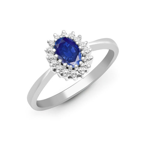 9CT WHITE GOLD OVAL SAPPHIRE & DIAMOND CLUSTER RING
