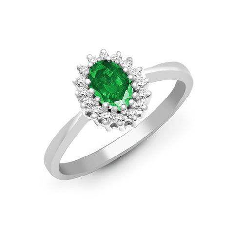 9CT WHITE GOLD OVAL EMERALD & DIAMOND CLUSTER RING