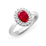 9CT WHITE GOLD OVAL RUBY & DIAMOND CLUSTER RING