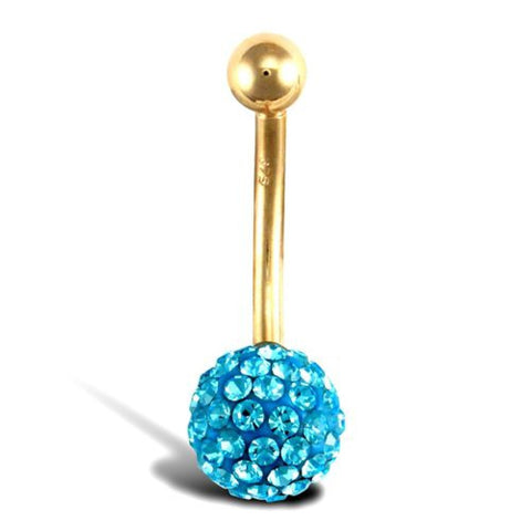 9CT GOLD BABY BLUE CRYSTAL BELLY BAR