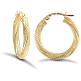 9CT GOLD 3MM FROSTED TWIST HOOP EARRINGS