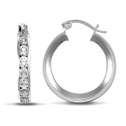 9CT WHITE GOLD CHANNEL SET CUBIC ZIRCONIA CREOLE HOOPS