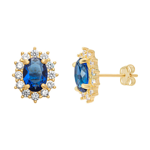 9CT GOLD OVAL BLUE & WHITE CUBIC ZIRCONIA HALO STUDS