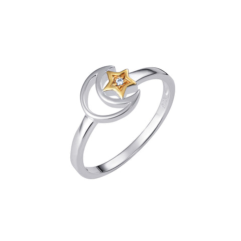 SILVER MOON & GOLD VERMEIL STAR CUBIC ZIRCONIA RING