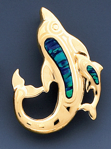 14CT SOLID GOLD OPAL SET DOLPHIN & CALF PENDANT