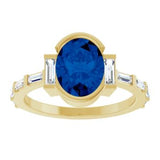 14CT GOLD EMERALD-CUT CREATED SAPPHIRE & BAGUETTE DIAMOND ENGAGEMENT RING