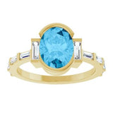 14CT GOLD EMERALD-CUT SWISS BLUE TOPAZ & BAGUETTE DIAMOND ENGAGEMENT RING