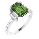 14CT GOLD EMERALD-CUT GREEN TOURMALINE & BAGUETTE DIAMOND ENGAGEMENT RING