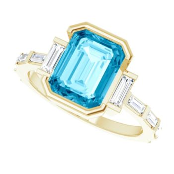 14CT GOLD EMERALD-CUT BLUE MOISSANITE & BAGUETTE DIAMOND ENGAGEMENT RING
